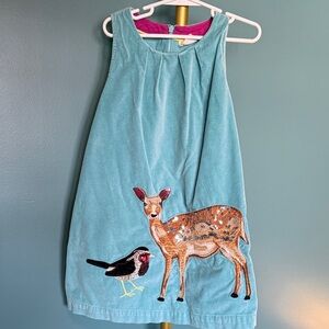 Boden Girls Teal Dress with Bird and Deer Appliqué